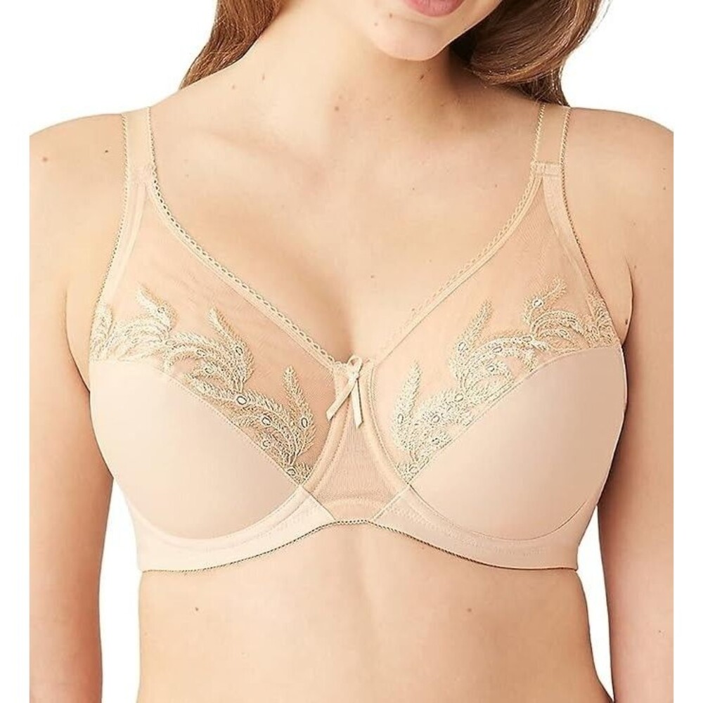 Wacoal Bra Women 40D Beige Underwire 85121 Feather Sheer Unpadded Embroidered